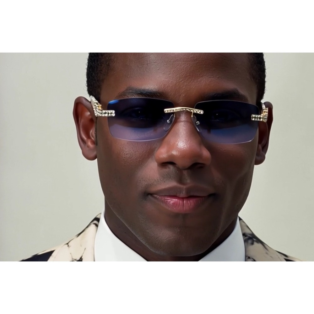 Sunglasses Blue Lens Men Gangster Rhinestone Stud Rimless Rectangle 90s Rapper - Picture 9 of 9